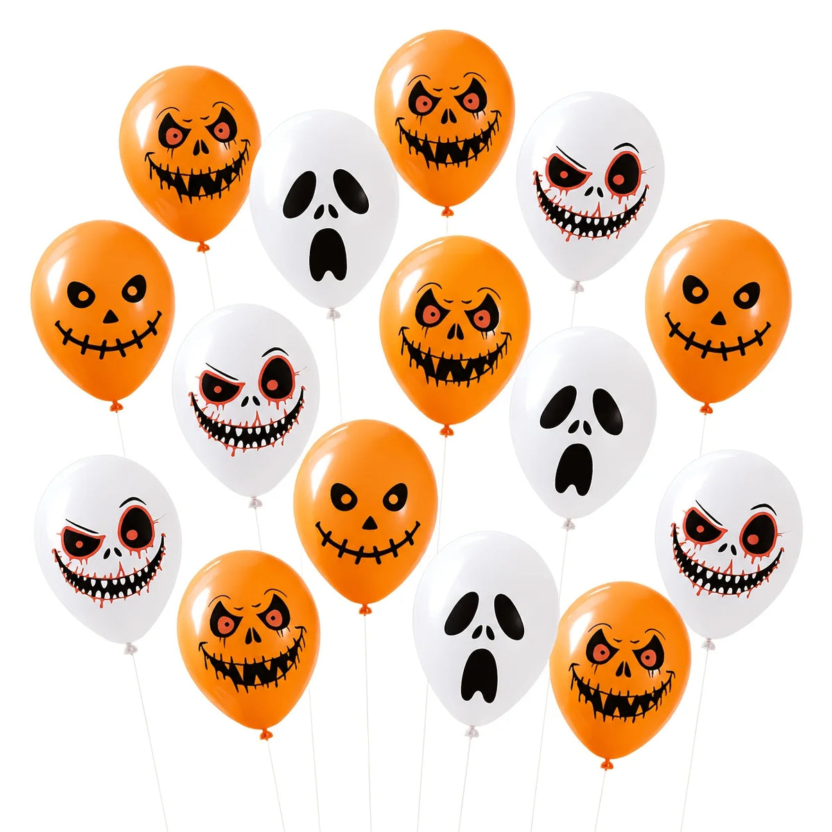A collection of orange and white latex balloons featuring various spooky, carved pumpkin and skull designs.