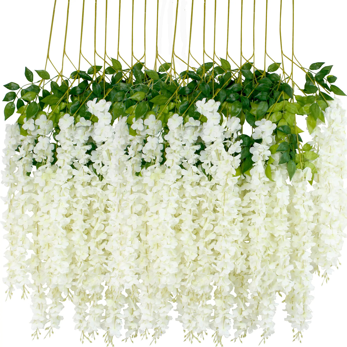 A hanging artificial wisteria flower garland featuring green leaves and cascading white blossoms.