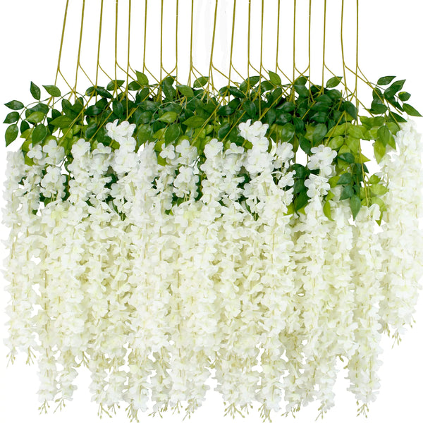 A hanging artificial wisteria flower garland featuring green leaves and cascading white blossoms.