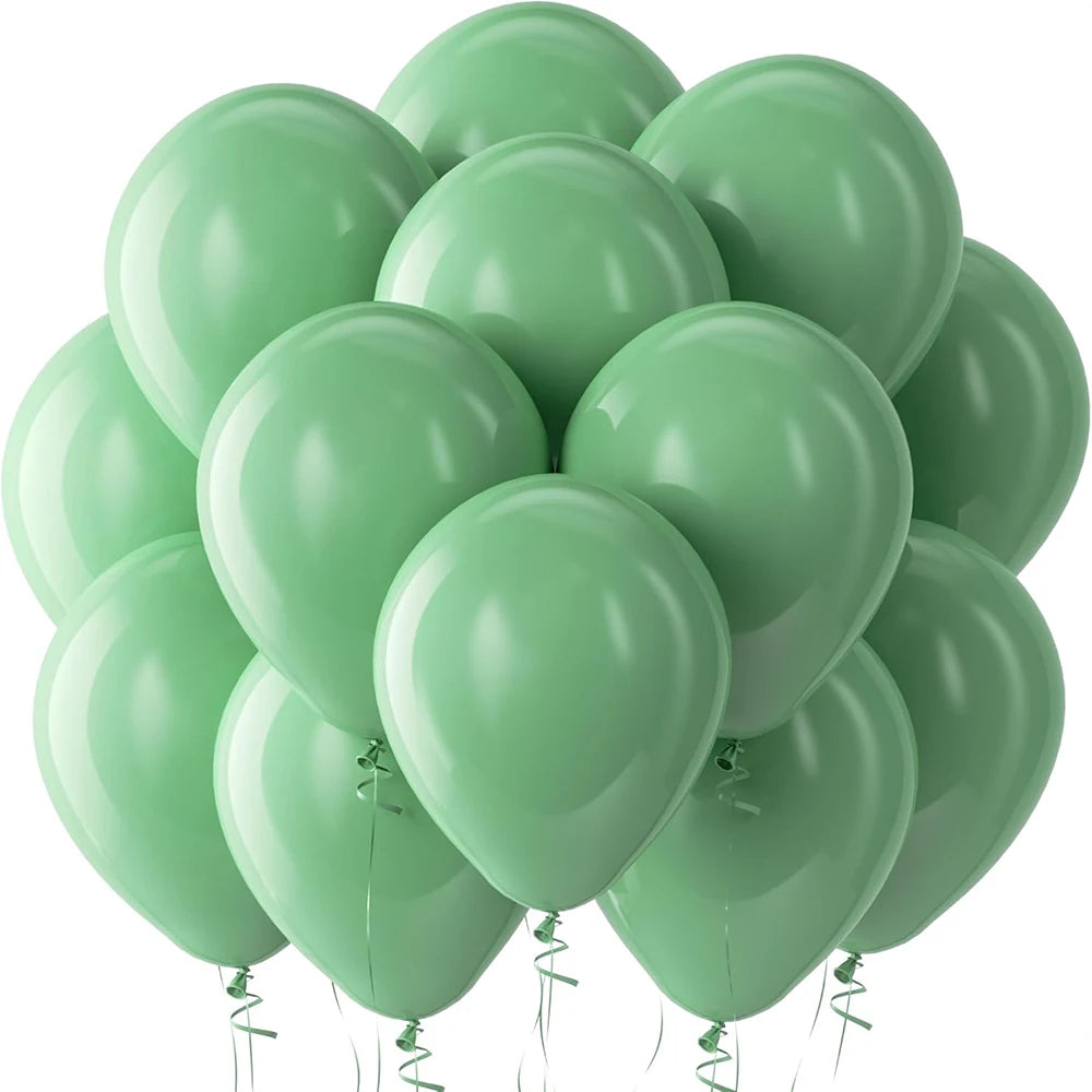 A cluster of light green latex balloons shaped like hearts