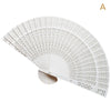 A white hand carved bamboo folding fan shown in a fan shape.