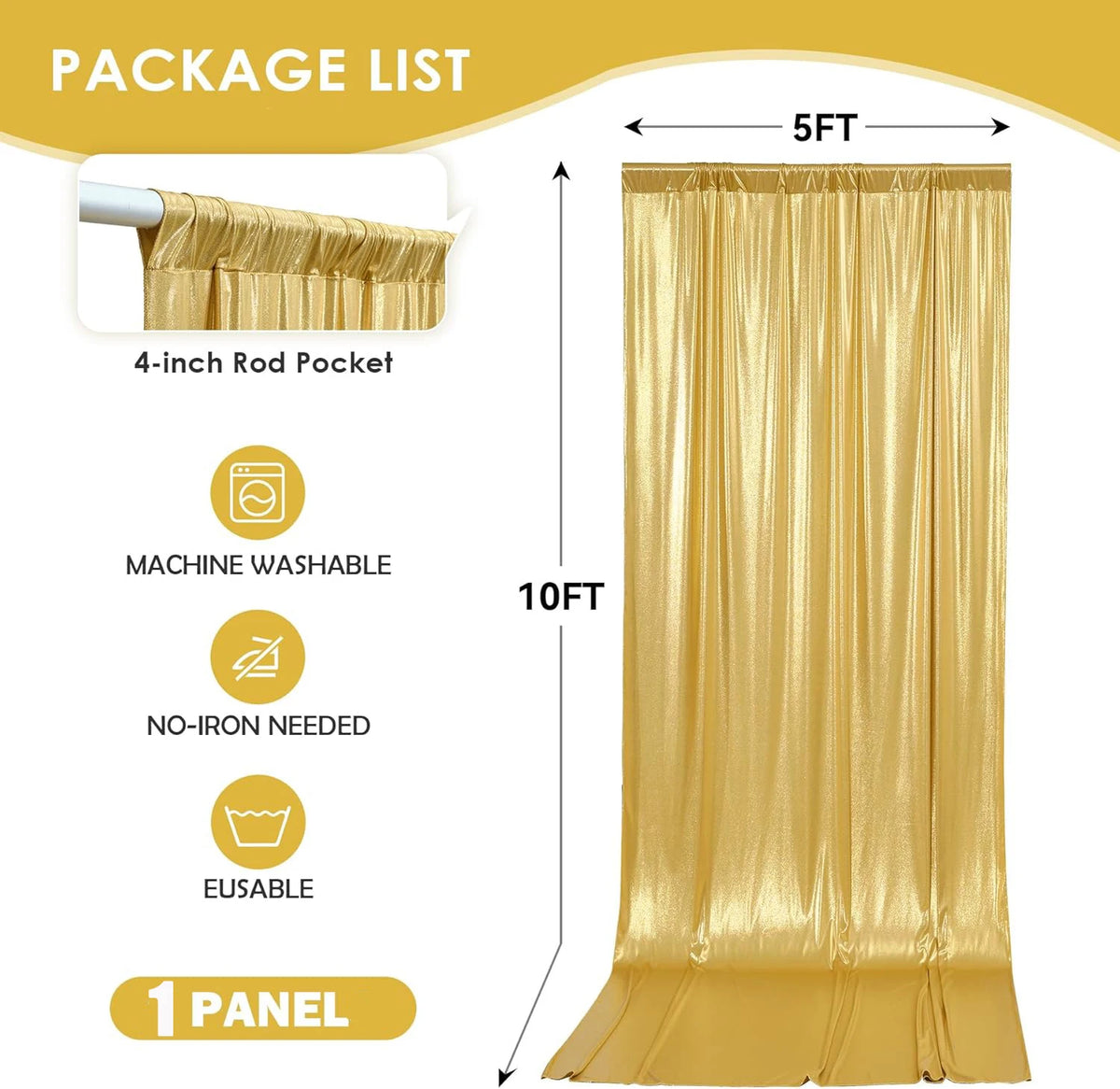 A 5ft gold sequin backdrop curtain panel with a 4-inch rod pocket, machine washable, iron-free, and usable for photography.