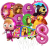 A set of pink and yellow balloon decorations featuring characters from Masha and Bear