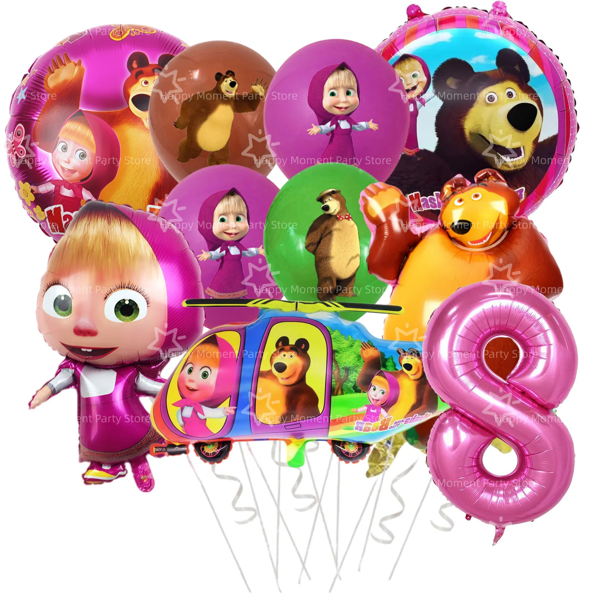 A set of pink and yellow balloon decorations featuring characters from Masha and Bear
