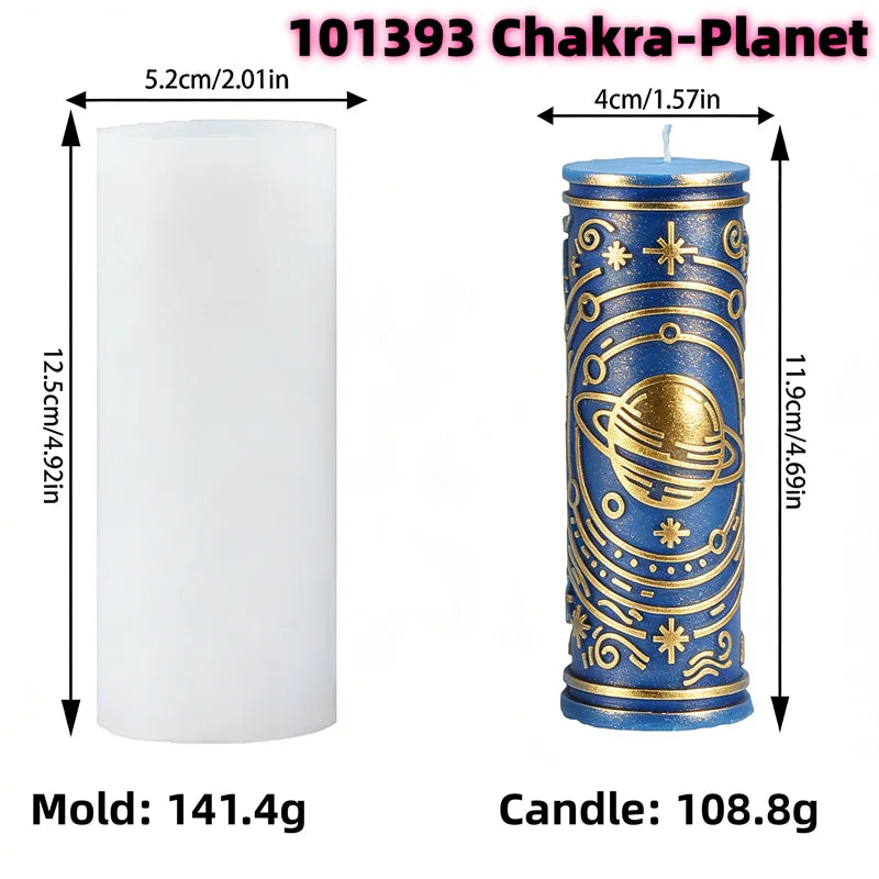 A tall blue pillar candle mold featuring celestial and mystical symbols for making a chakra-themed candle.