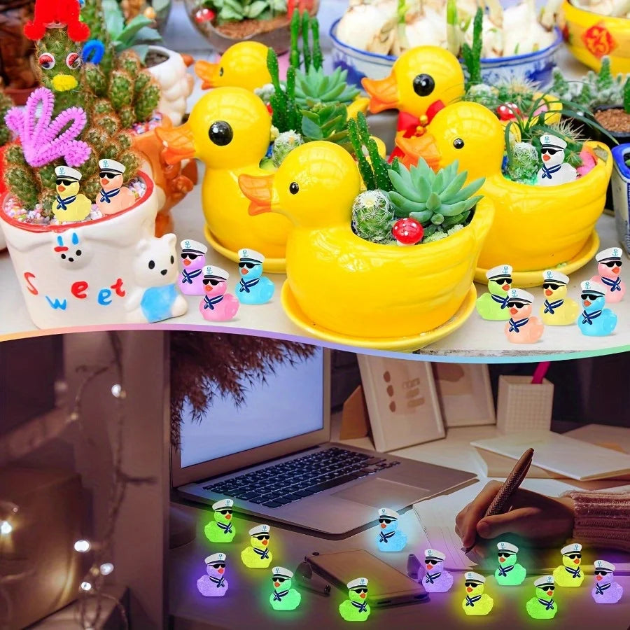 A collection of glow-in-the-dark resin cruise duck decorations in various colors and sizes arranged on a white platter.