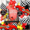 A collection of red and yellow race cars, balloons, and a checkered flag design for a birthday celebration.