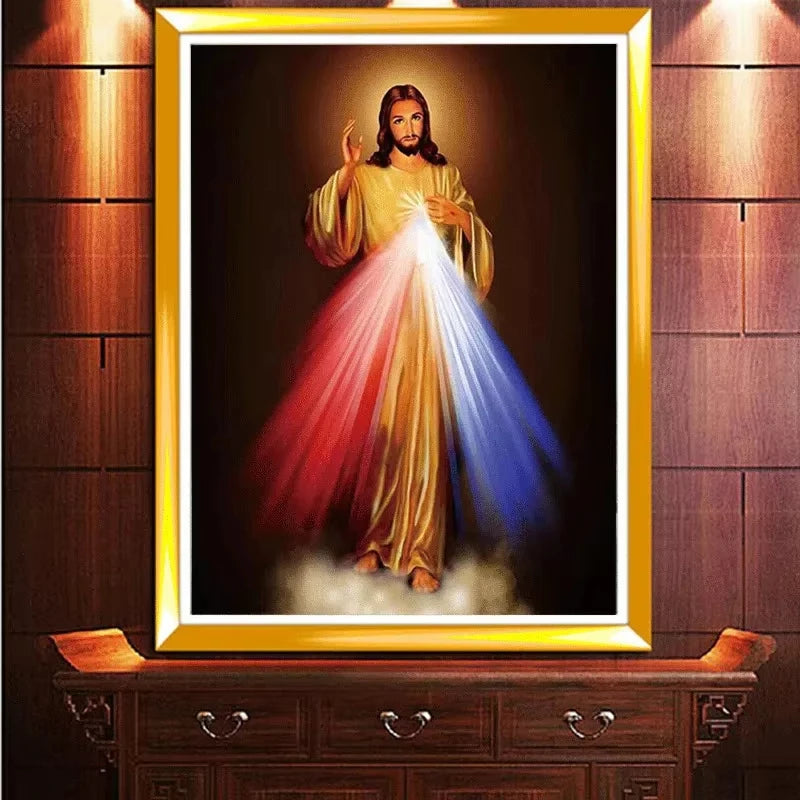 Canvas art print depicting Divine Mercy Jesus with rays of light against a dark background.