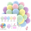 A collection of 50 premium 12 inch latex balloons in pastel purple, blue, and pink colors with confetti decorations.