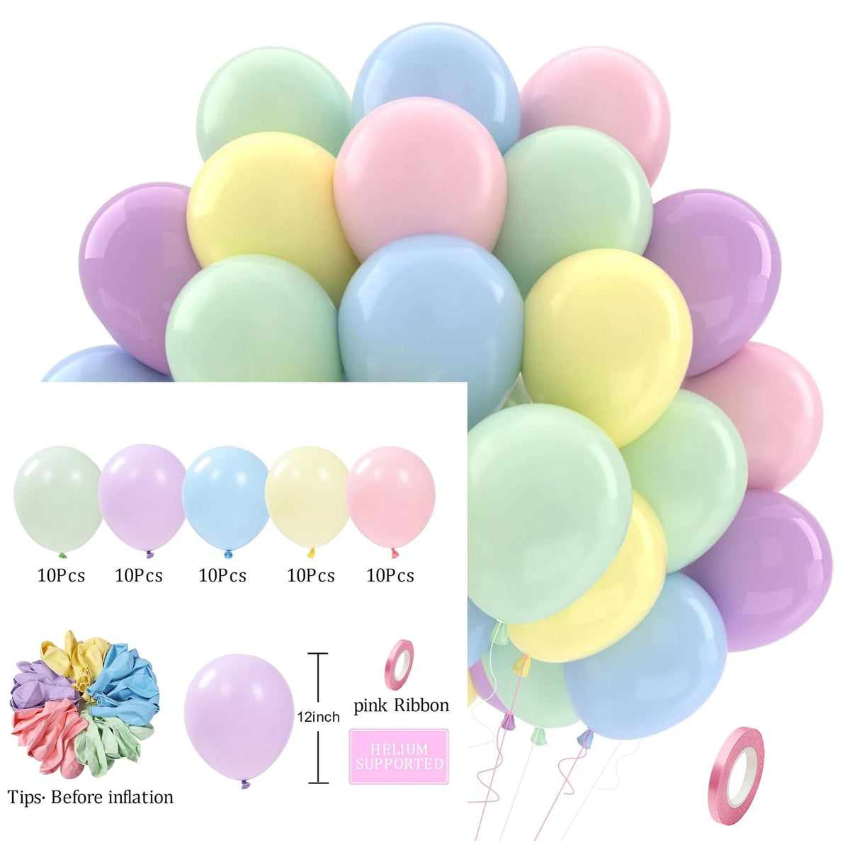 A collection of 50 premium 12 inch latex balloons in pastel purple, blue, and pink colors with confetti decorations.