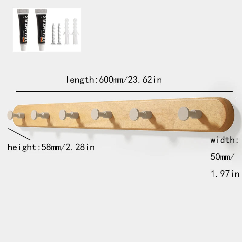Solid beech wood wall hook rack with four hooks, showing dimensions and installation examples.