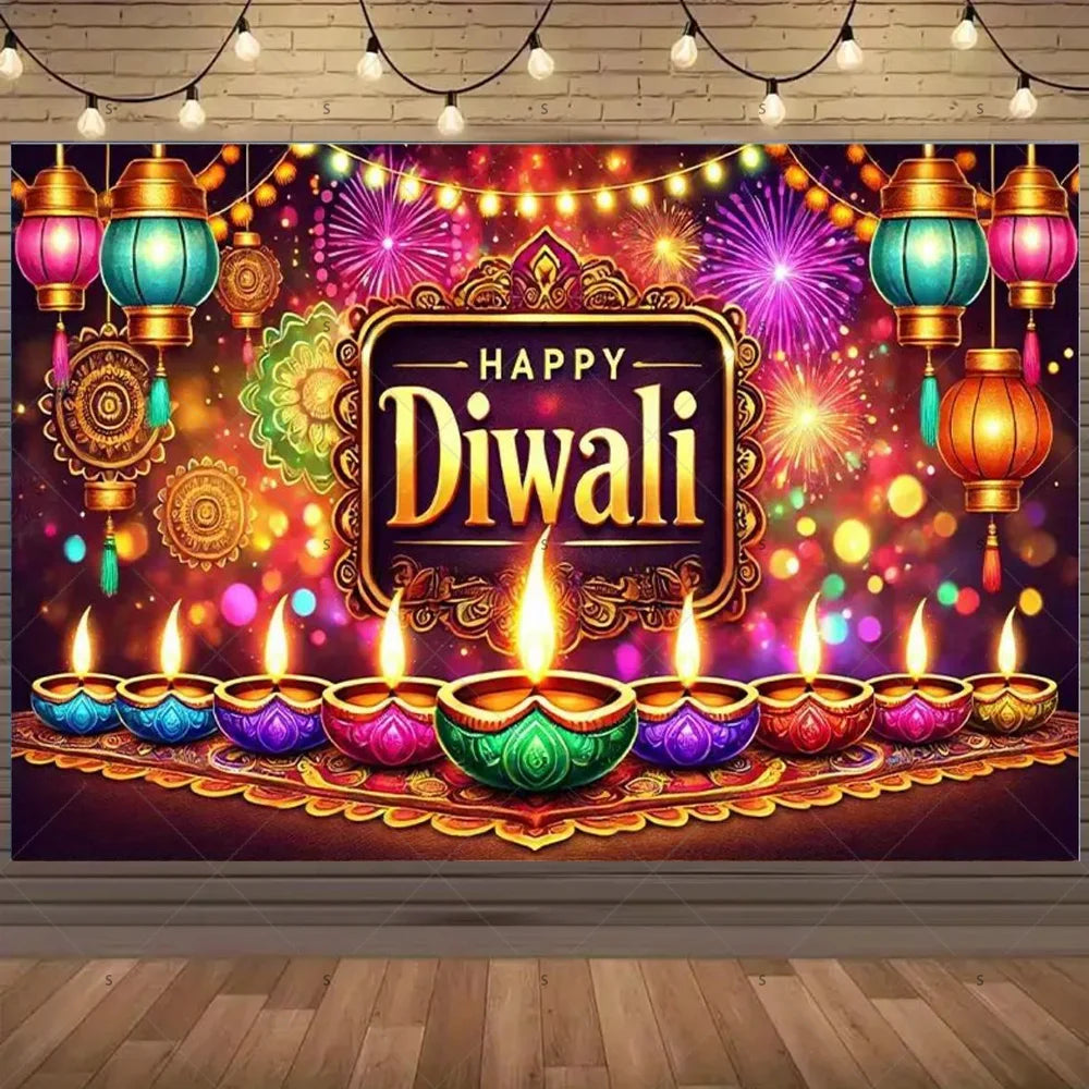 A vibrant Diwali backdrop featuring glowing lanterns, fireworks, and lit earthen lamps arranged for festive celebrations.
