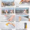 Step-by-step instructions showing how to measure, cut, clean, and apply frosted electrostatic window film for privacy