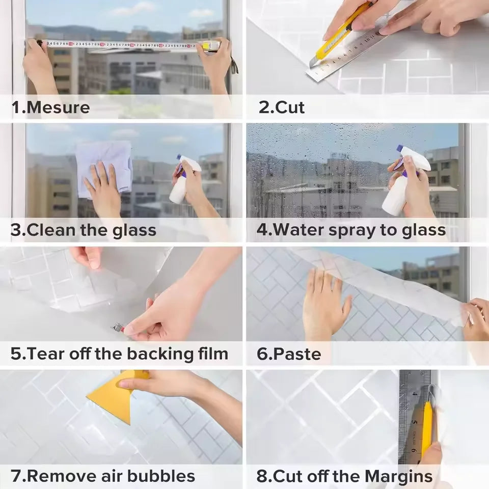 Step-by-step instructions showing how to measure, cut, clean, and apply frosted electrostatic window film for privacy