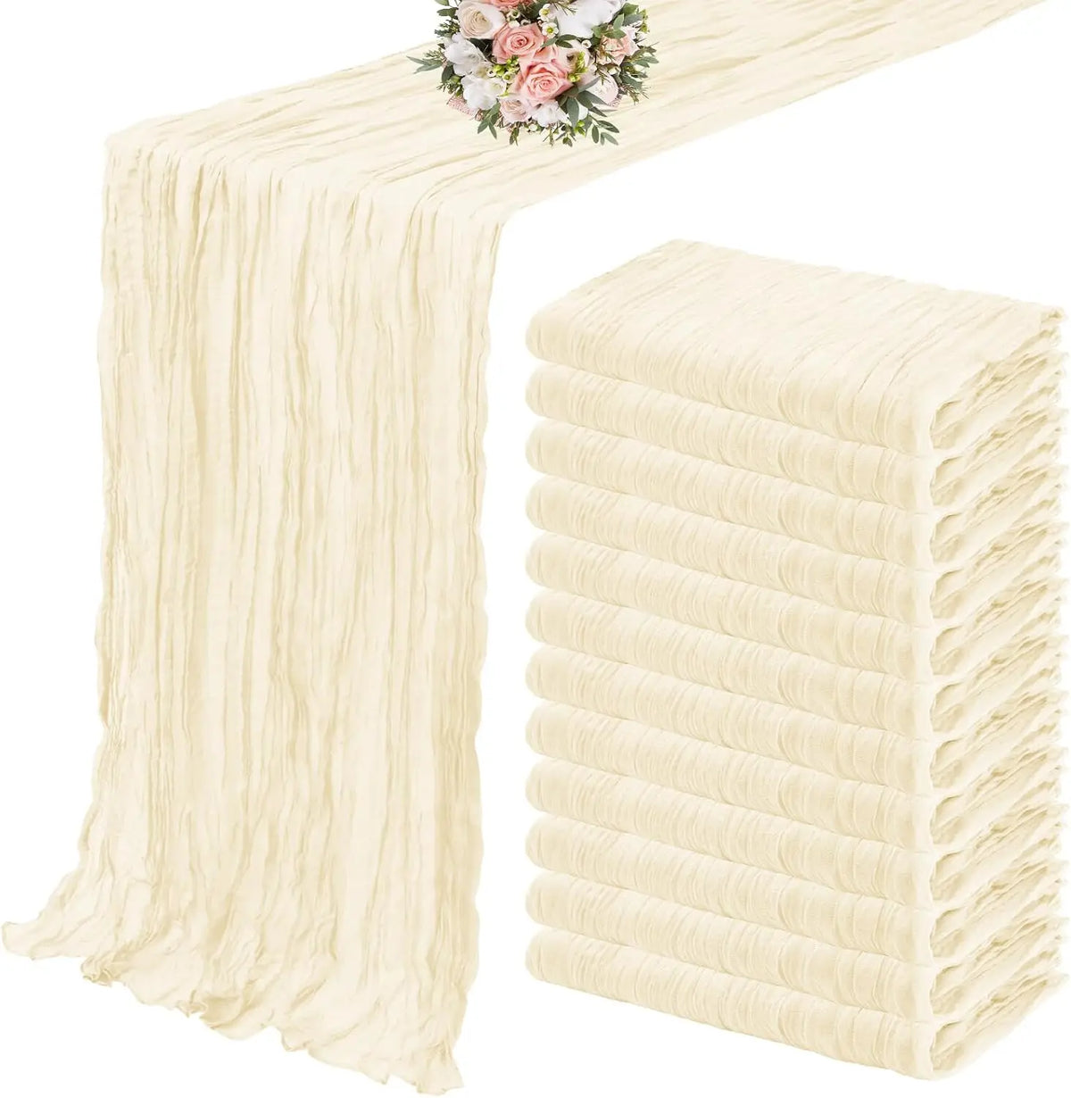 A set of ten terracotta semi-sheer cheesecloth table runners in a natural beige color.