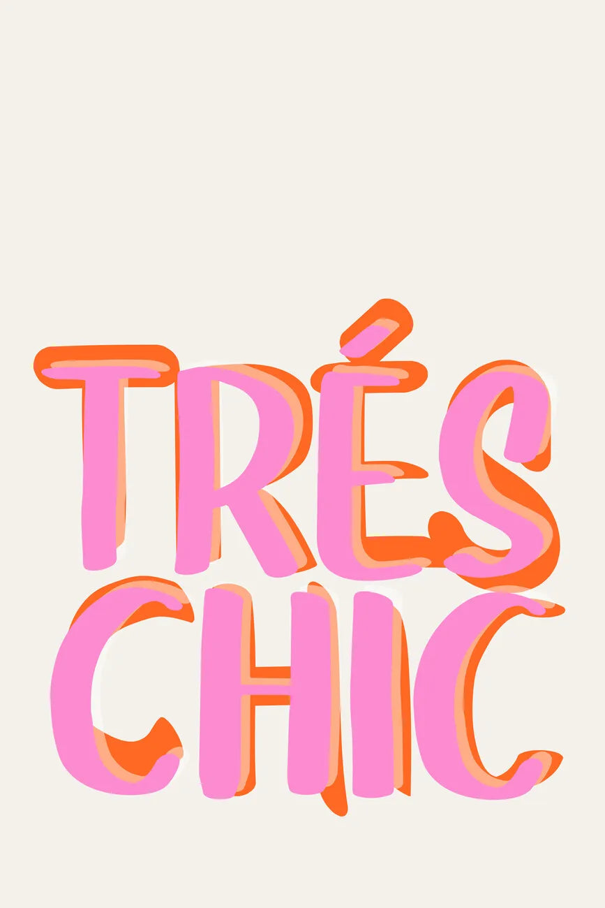 Text art spelling TRES CHIC in pink and orange gradient colors