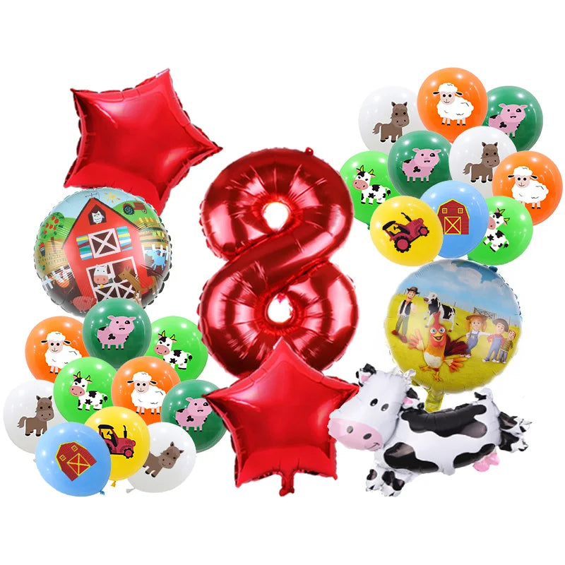 A collection of red and green balloons featuring farm animals like cows, pigs, and horses for a birthday party decoration kit