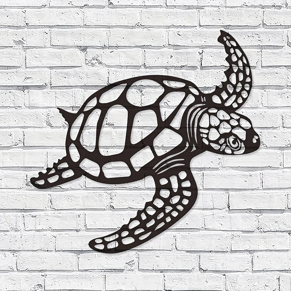 Black silhouette of a sea turtle on a white brick background.
