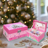 Pink and green jewelry box with a rotating unicorn dancer figurine and sparkling gems