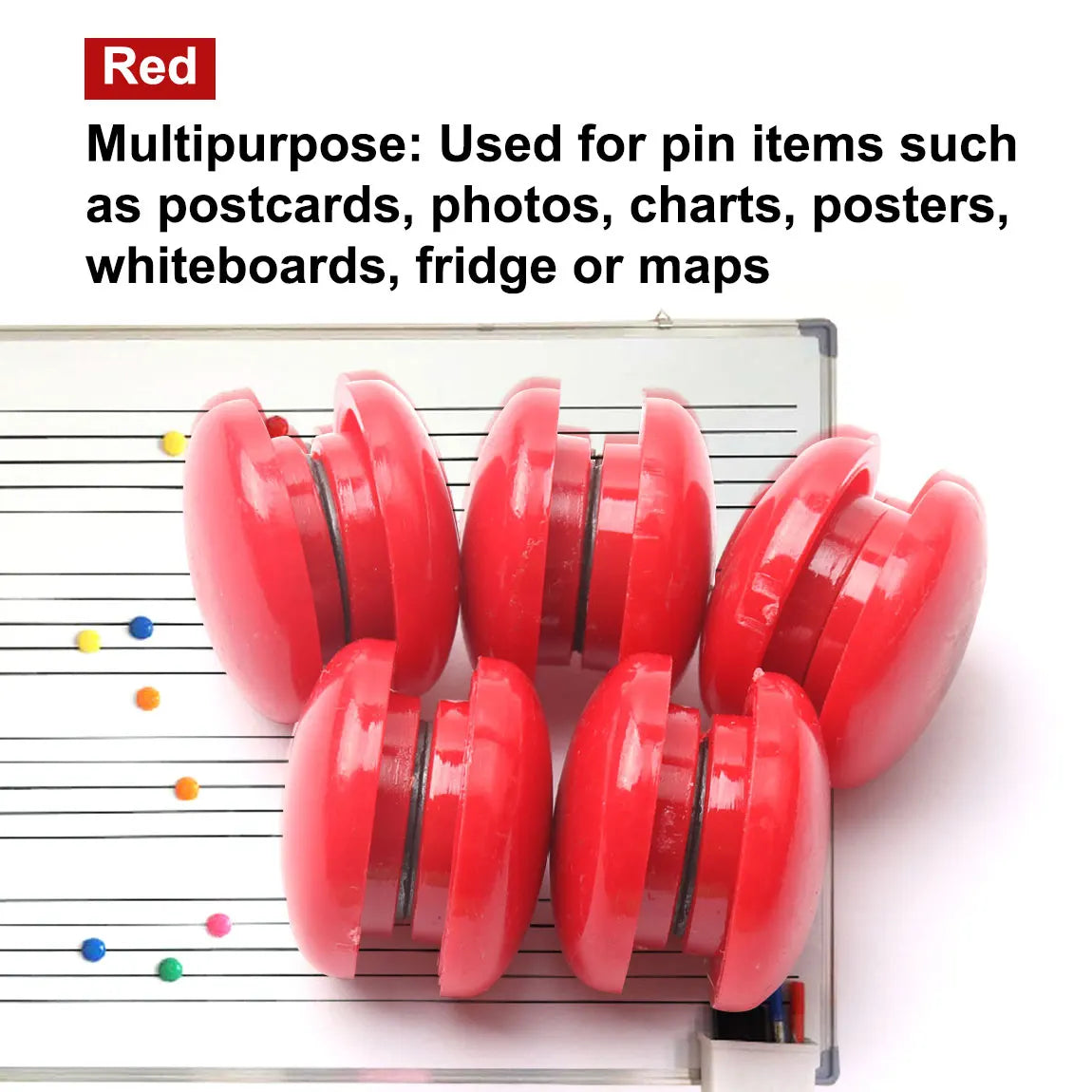 A set of ten red circular refrigerator magnets used for pinning items like postcards and photos.