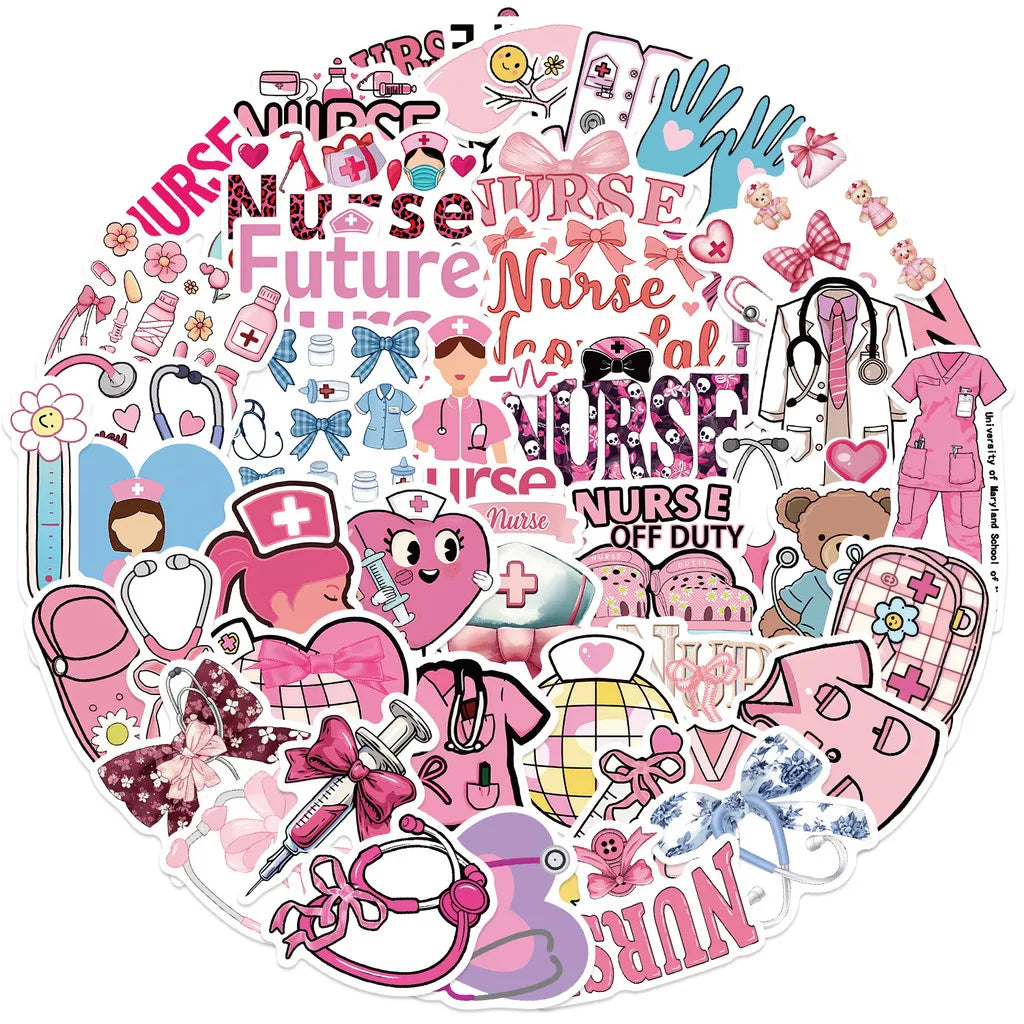A colorful sticker pack featuring various nurse-themed graphics, including text and illustrations, on a circular background.