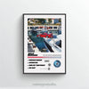 A canvas wall art print featuring a photograph of a boat docked near a city skyline.