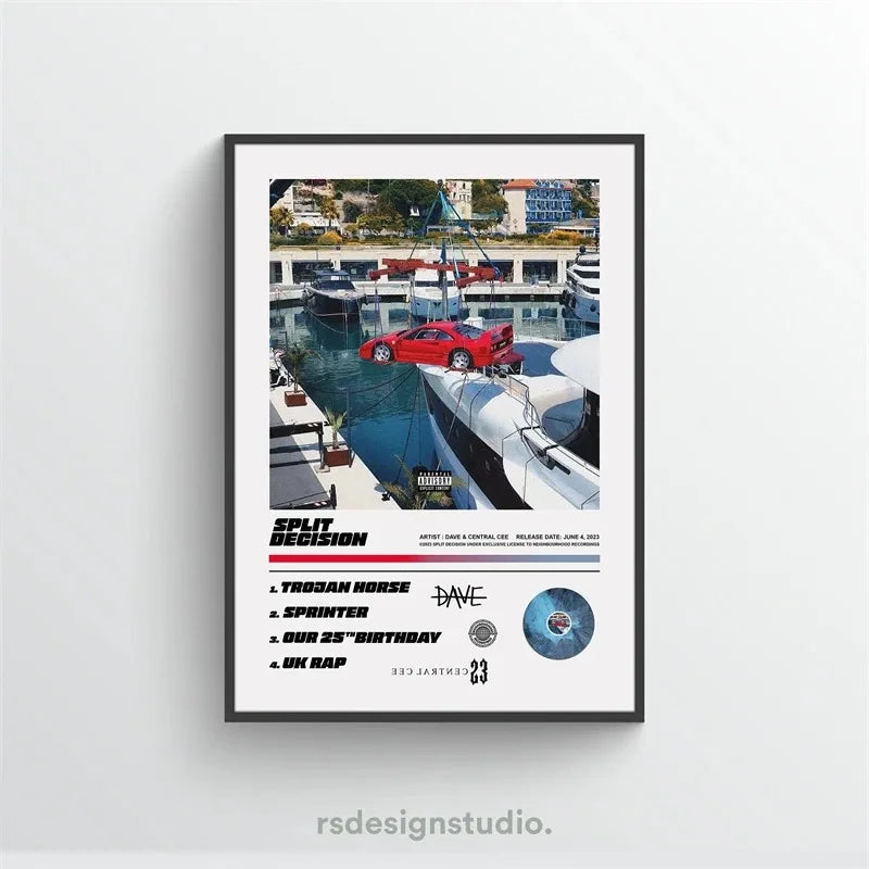A canvas wall art print featuring a photograph of a boat docked near a city skyline.