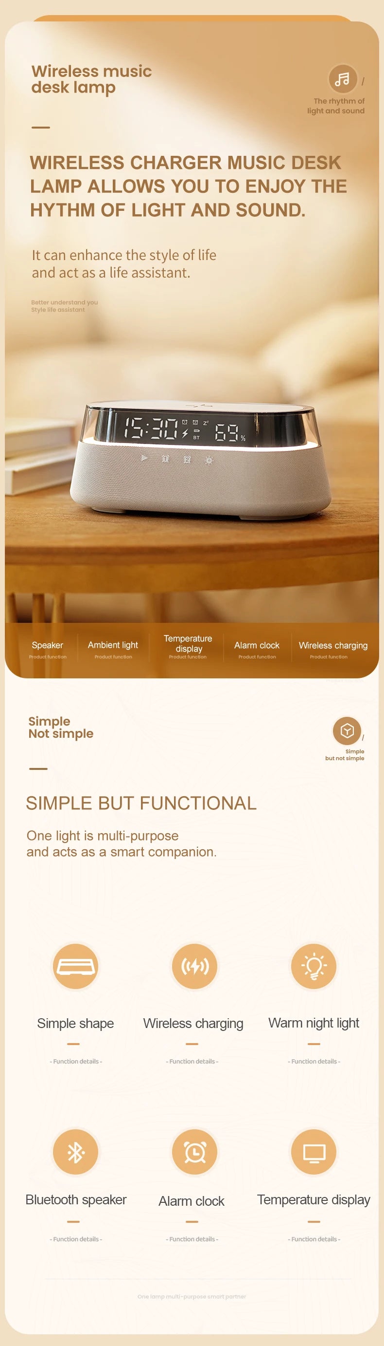 A modern, silver wireless charging speaker lamp with a display and various functions shown on a wooden surface.