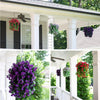 Artificial hanging morning glory flowers in purple and red cascade from a porch ceiling