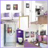 Interior view showing magnetic poster display frames on a wall and a modern bathroom with a toilet.