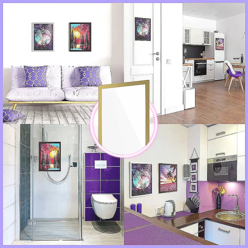 Interior view showing magnetic poster display frames on a wall and a modern bathroom with a toilet.