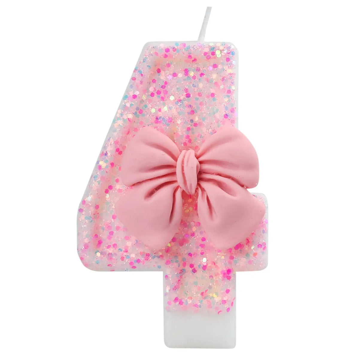 Pink glitter number cake candle shaped like the number 4 with a pink bow