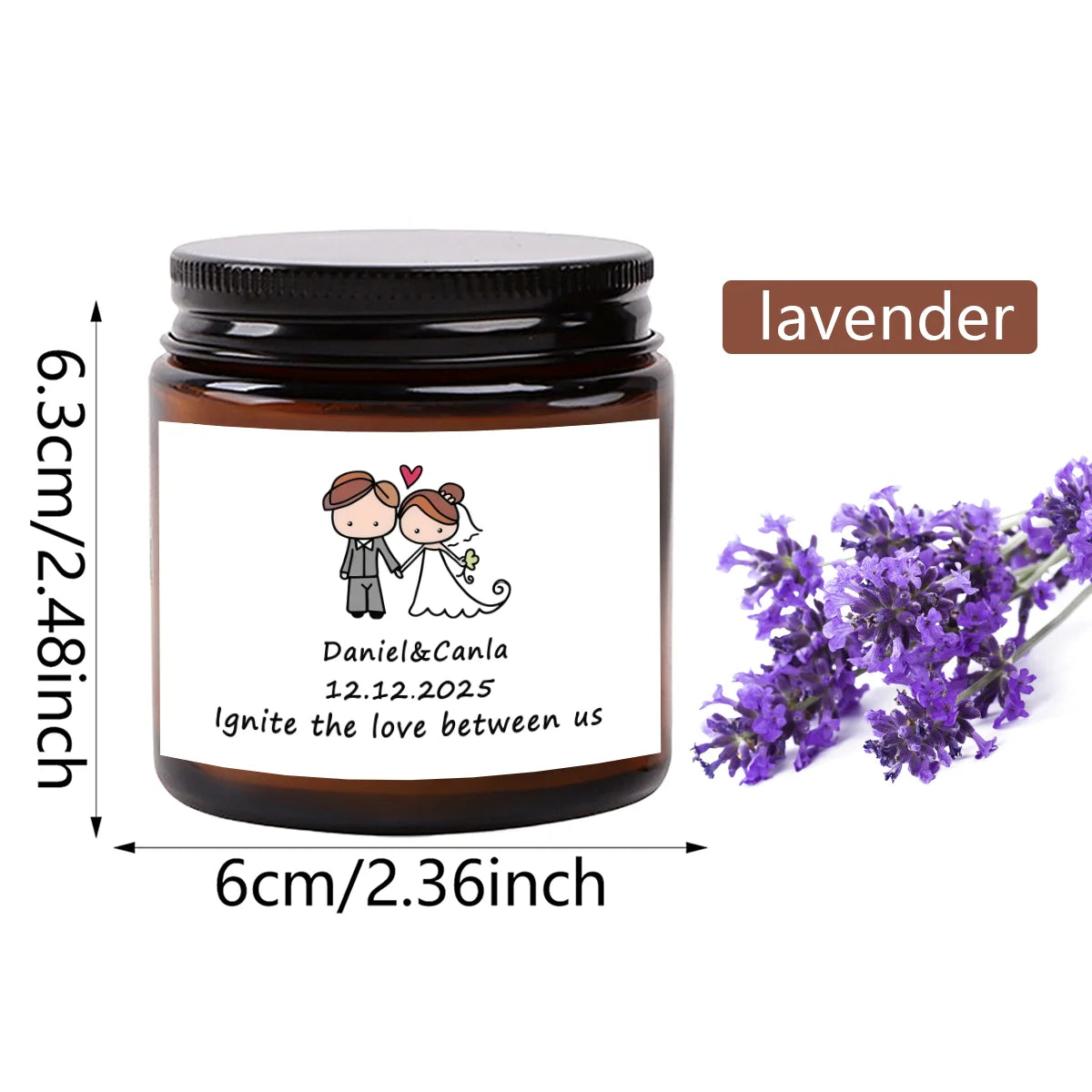 A dark glass jar candle with a lavender label and a design featuring two people holding hands.