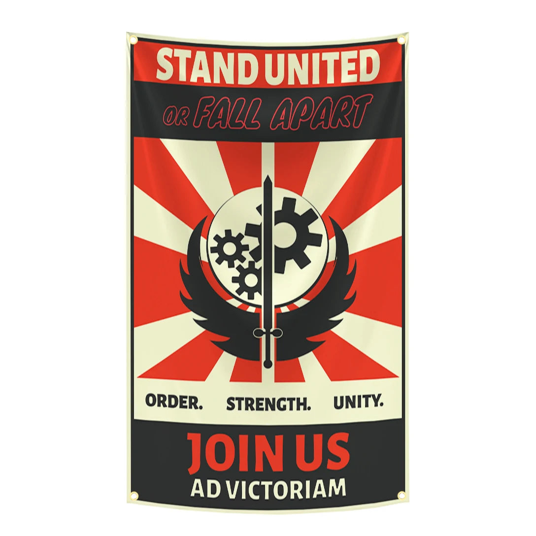 Grande tapisserie de tissu avec un design rouge, noir et blanc affichant le texte STAND UNITED OR FALL APART et JOIN US AD