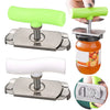 Adjustable stainless steel jar opener with a lime green handle and silver mechanism for easy grip