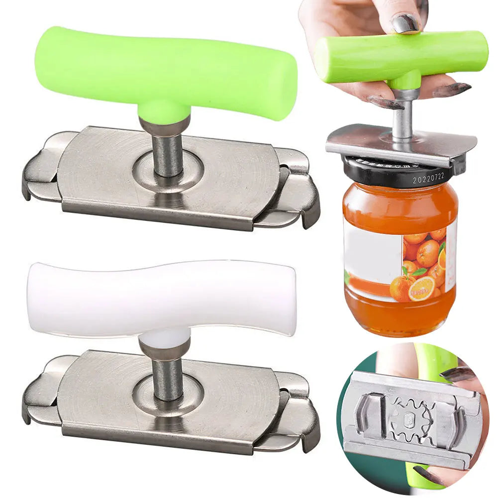 Adjustable stainless steel jar opener with a lime green handle and silver mechanism for easy grip