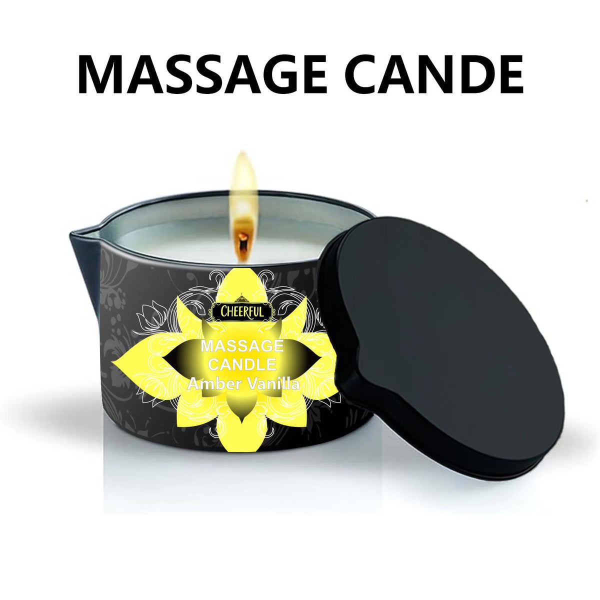 A black jar candle labeled Massage Candle Amber Vanilla with a lit wick and a black lid.