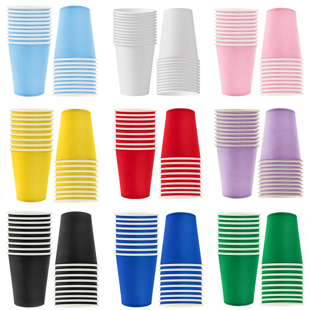 A collection of vibrant solid color disposable paper cups in various shades including blue, white, pink, yellow, red, purple,