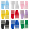 A collection of vibrant solid color disposable paper cups in various shades including blue, pink, yellow, red, purple, and gr
