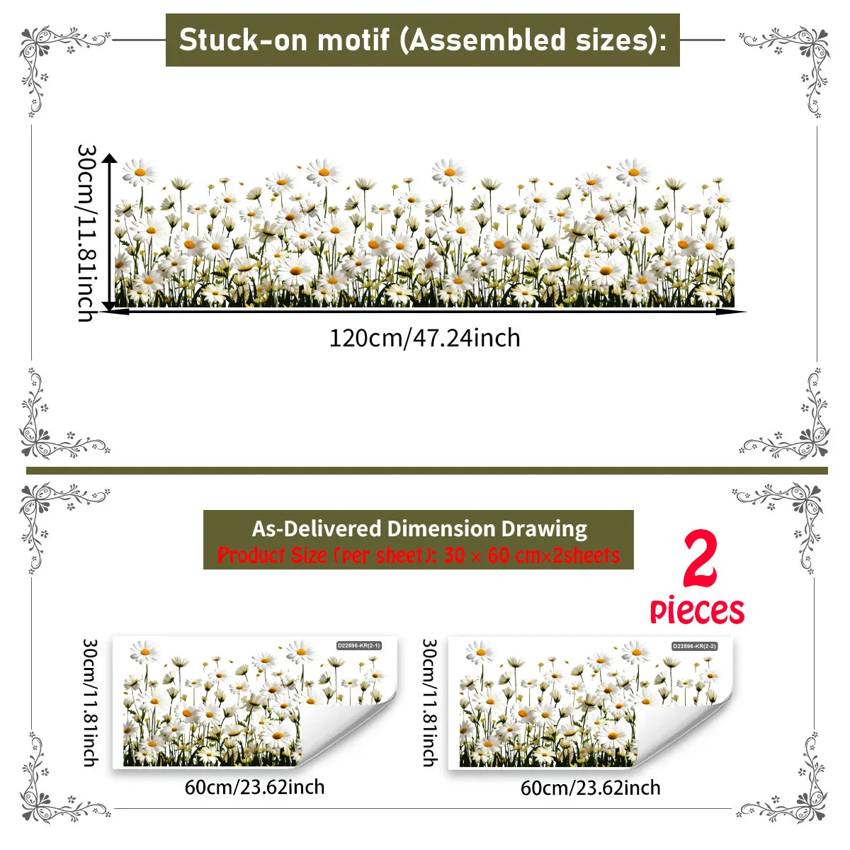 Diagram showing assembled and delivered dimensions for a stuck-on daisy flower static cling window decal set.