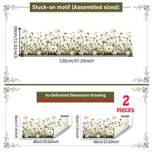 Diagram showing assembled and delivered dimensions for a stuck-on daisy flower static cling window decal set.