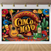 A vibrant banner featuring a guitar, flowers, and text celebrating Cinco de Mayo with traditional Mexican patterns.