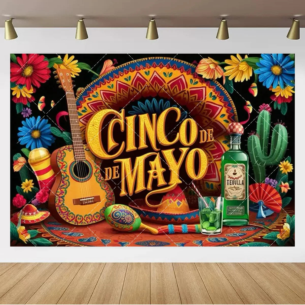 A vibrant banner featuring a guitar, flowers, and text celebrating Cinco de Mayo with traditional Mexican patterns.