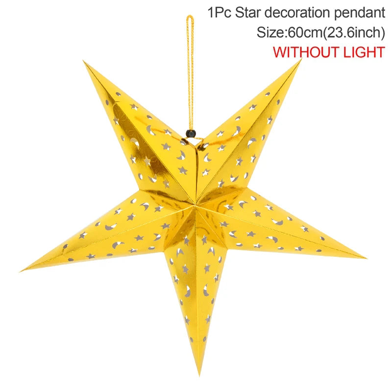 A yellow star decoration pendant without light, featuring a geometric shape with small silver stars.