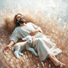 A painting depicting Jesus with a halo holding a lamb, rendered in soft, light tones.