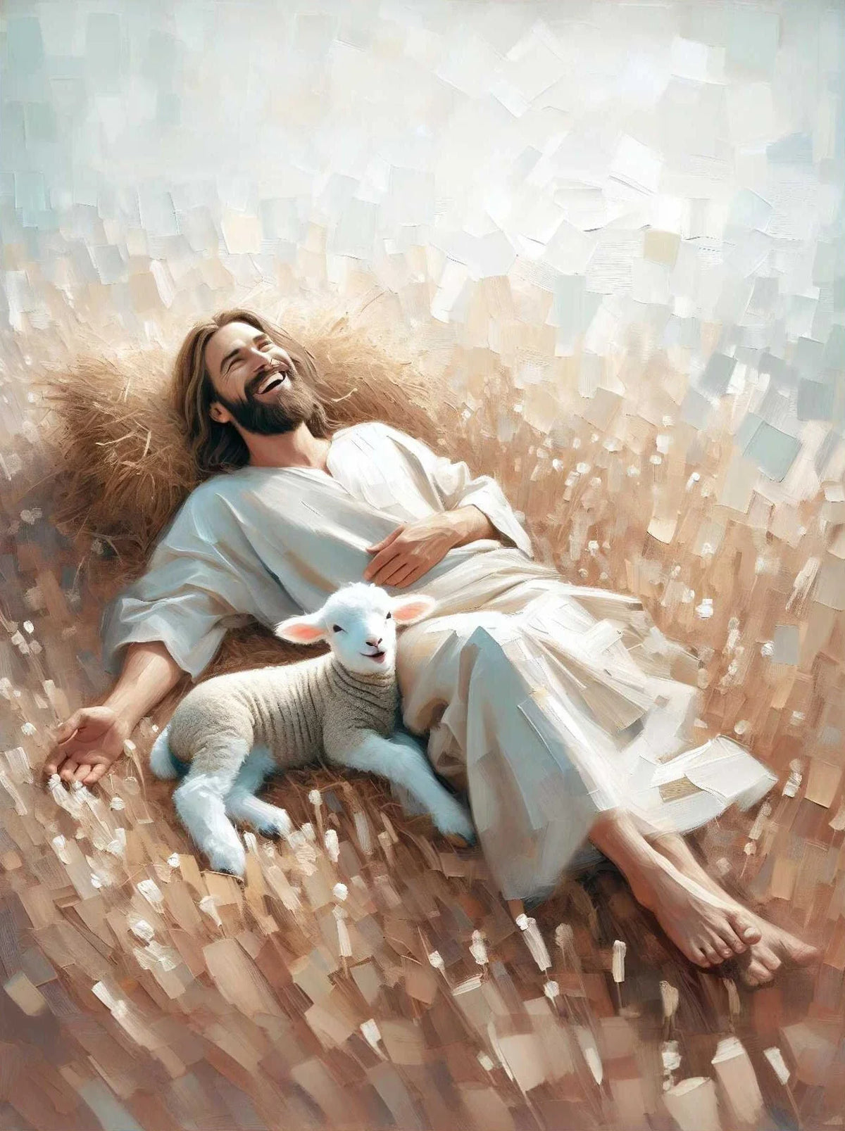 A painting depicting Jesus with a halo holding a lamb, rendered in soft, light tones.
