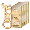 A set of gold crown number 15 bottle openers packaged as party favors