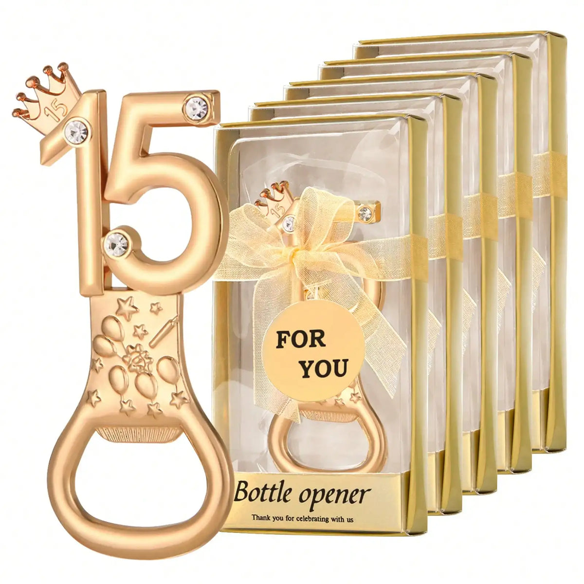 A set of gold crown number 15 bottle openers packaged as party favors