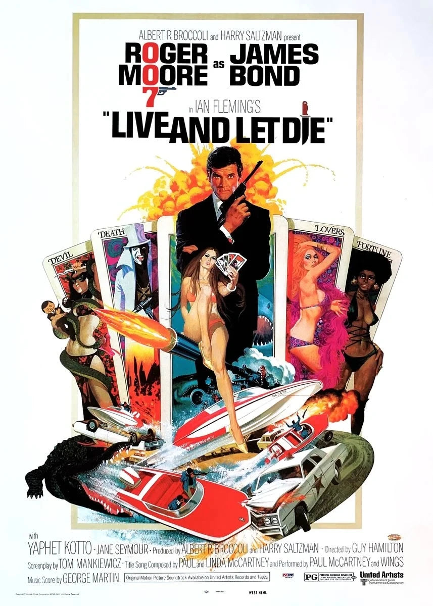 A movie poster for Roger Moore as Bond in Ian Fleming's Live and Let Die featuring various themed portraits.