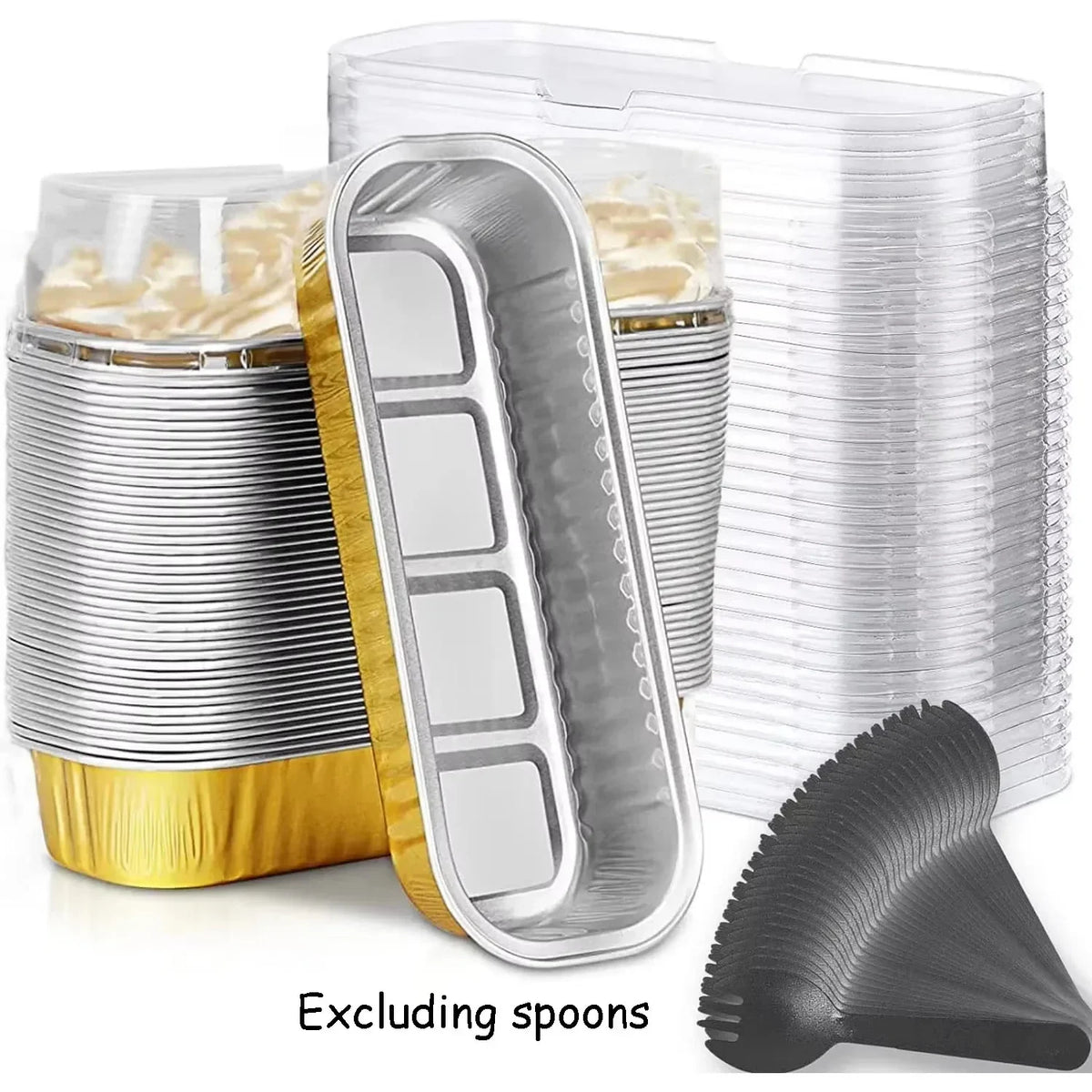 A stack of rectangular mini foil bread trays with clear lids and a black silicone spoon shown next to the packaging.
